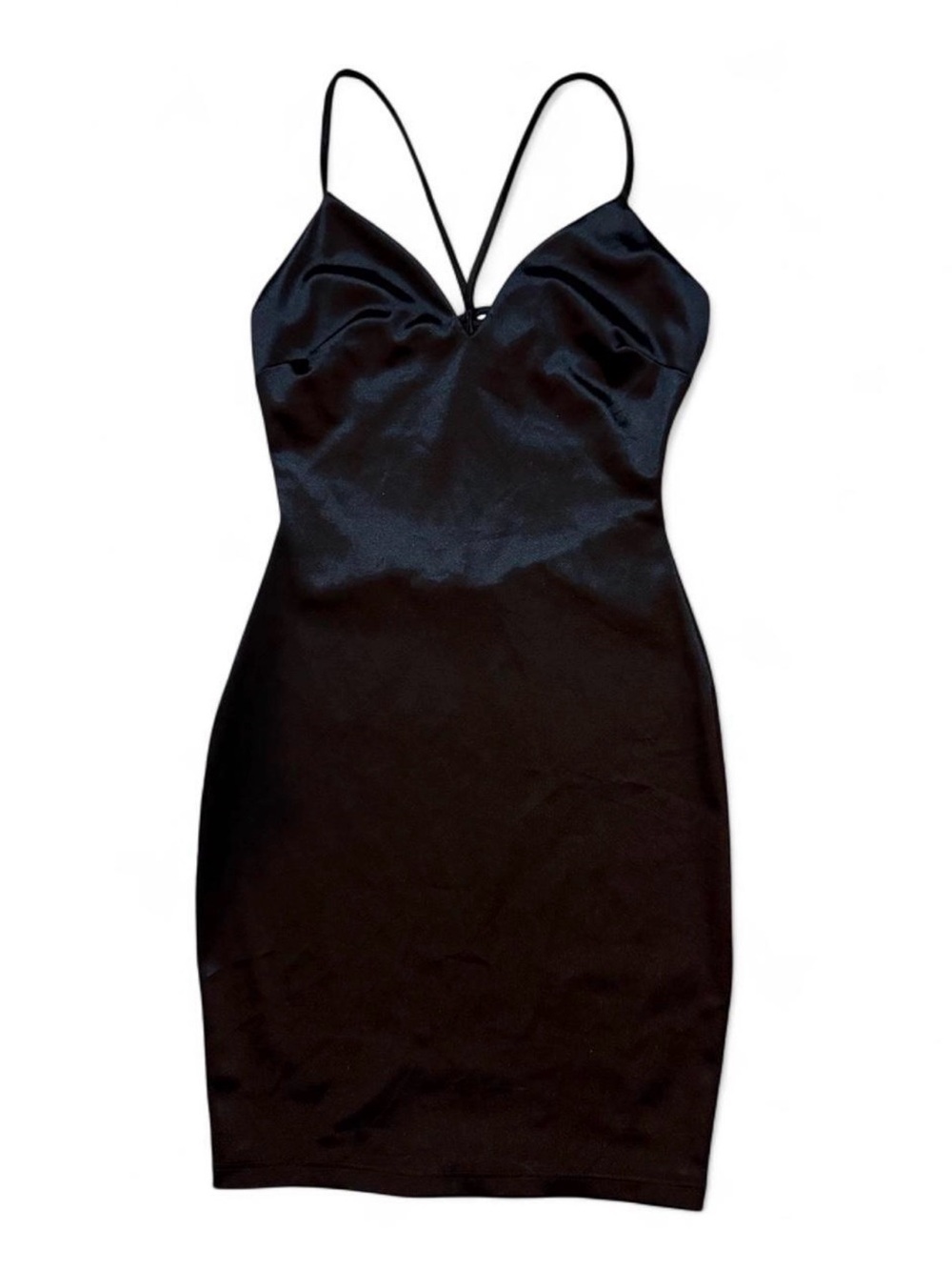 Black Satin Mini Dress With Open Back & Criss Cross Straps Design